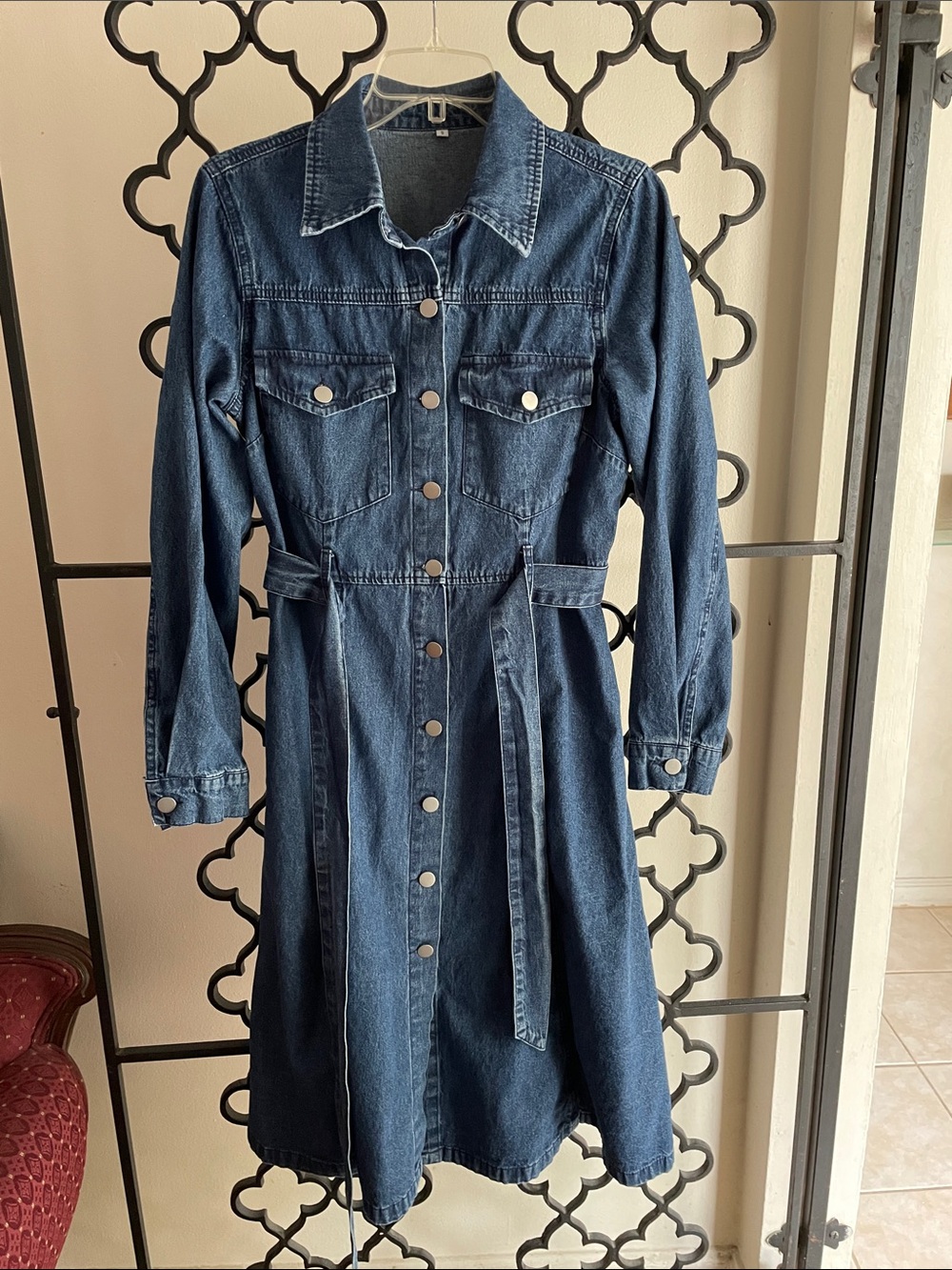 Denim Button-Down Long Sleeve Midi Jean Dress in Dark Blue